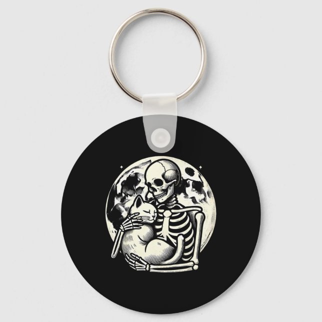 Holding Cat Spooky Skull Halloween Gothic Kitty  Key Ring (Front)