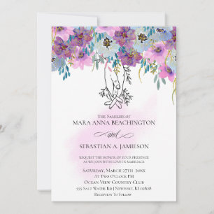 *~* Holding Hands Pink Flowers White Wedding Invitation