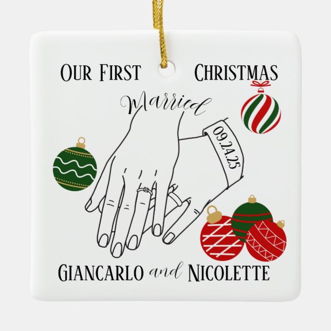 Holding Hands Wedding Rings First Christmas Ceramic Ornament (Front)