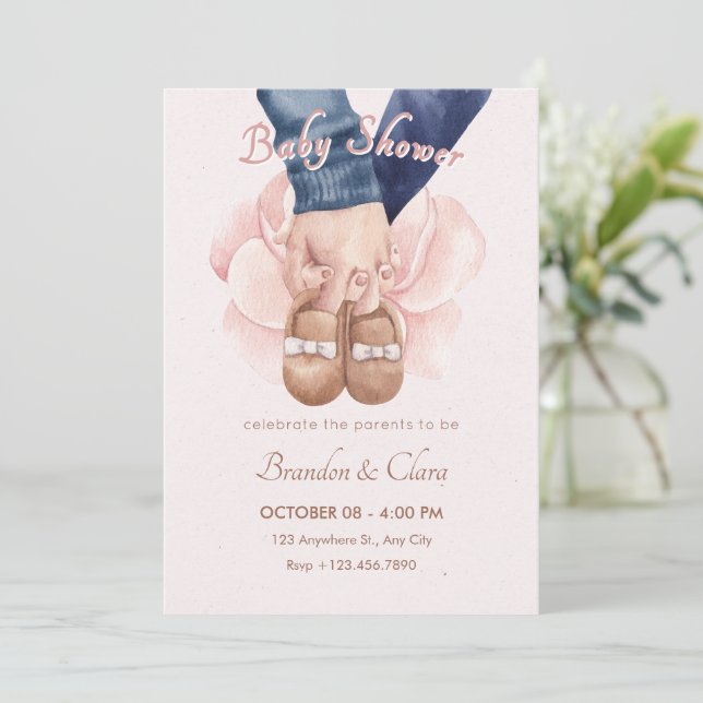 Holding hands with baby shoes newborn baby shower invitation (Standing Front)