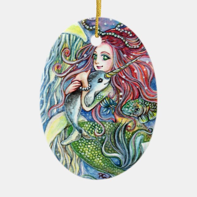 Holding Narwhal Baby - Mermaid Art Ceramic Tree Decoration (Front)