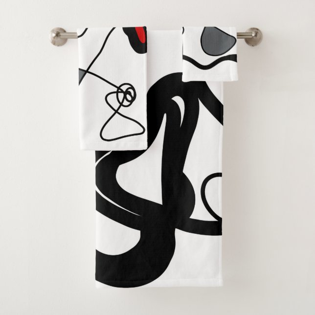 Holding Pattern: Abstract Black, White, Grey & Red Bath Towel Set (Insitu)