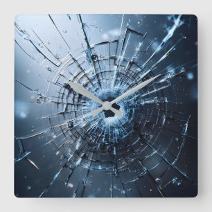 hole in glass, cracks square wall clock