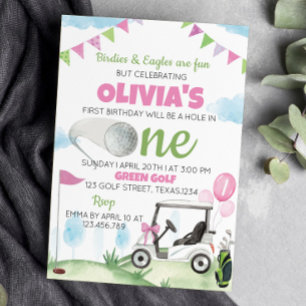 Hole In Golf Pink Girl 1st Birthday Invitation