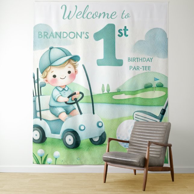 Hole in One 1st Birthday Boy Golf Par-tee Tapestry (In Situ)