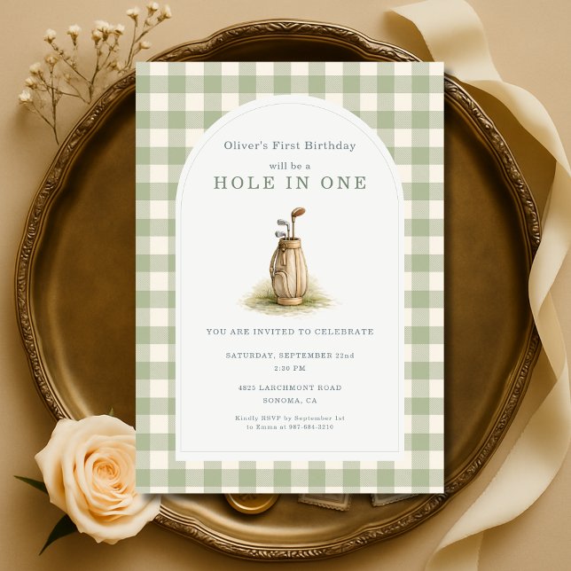 Hole in One 1st Year Sage Green Gingham Birthday Invitation (Creator Uploaded)