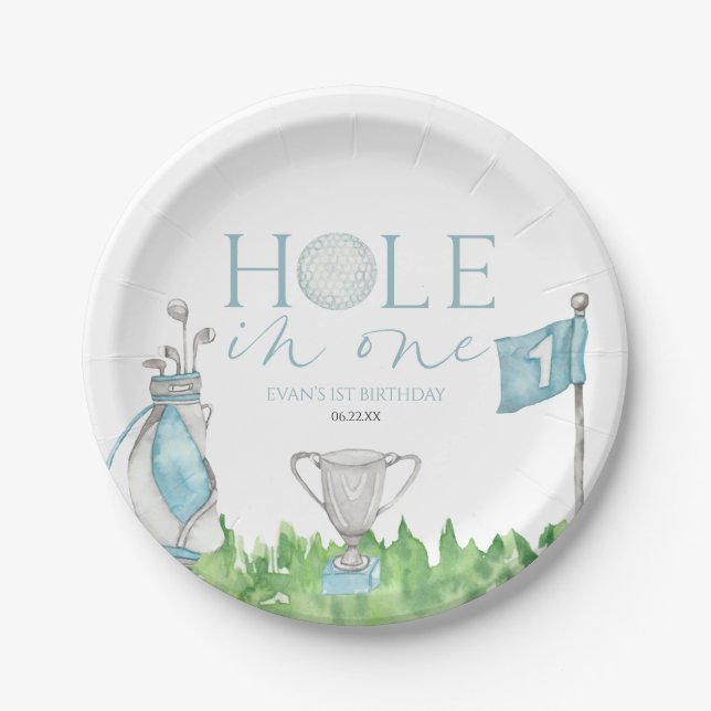 Hole In One Blue Golf 1st Birthday Party Paper Plate (Front)