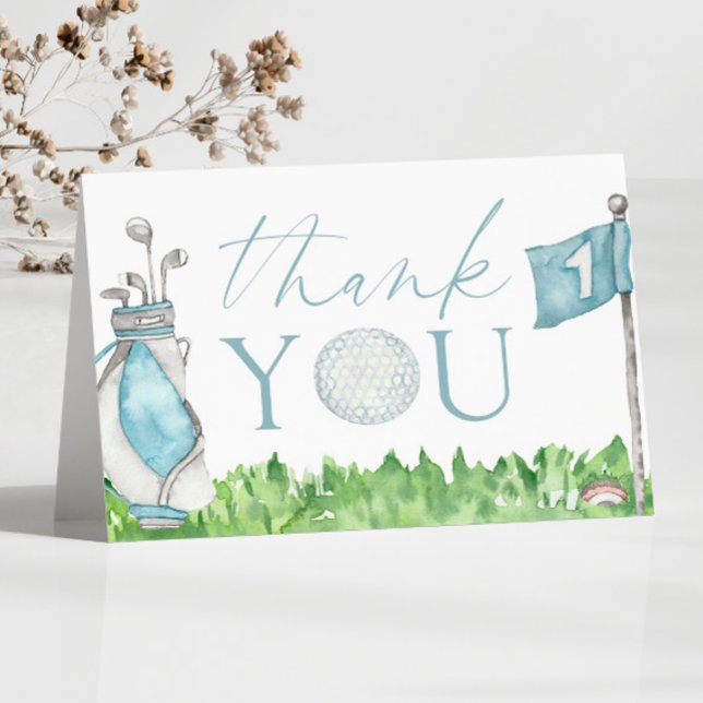 Hole In One Blue Golf 1st Birthday Party Thank You Card (Creator Uploaded)