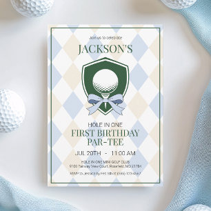Hole in One Blue Golf Boys 1st Birthday Party Invitation