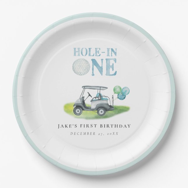 Hole-In-One Blue Golf Cart Birthday Paper Plates (Front)