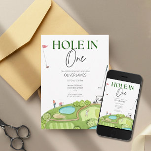 Hole in one boy first birthday invitation