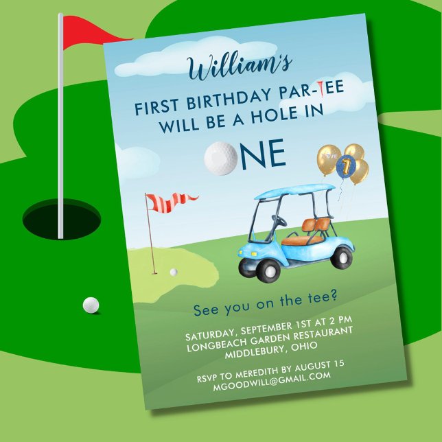Hole In One Boy Golf Cart Par-tee 1st Birthday  Invitation (Creator Uploaded)