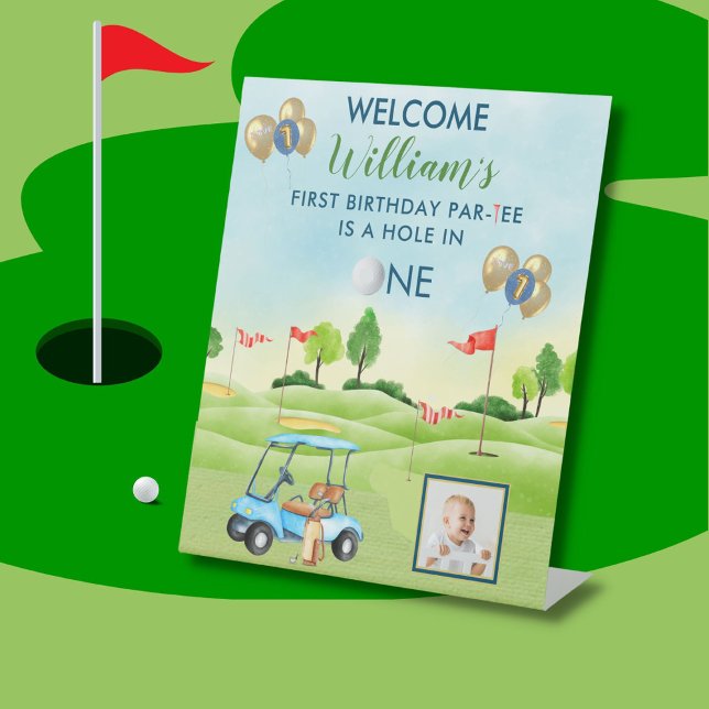 Hole In One Boy Golf Par-tee Photo 1st Birthday Pedestal Sign (Creator Uploaded)