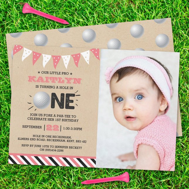 Hole In One Girls Golf 1st Birthday Par-tee Photo Invitation (Creator Uploaded)