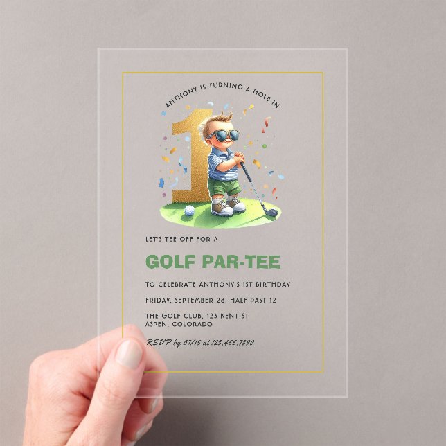Hole in One Golf 1st Birthday Boy Acrylic Invitations (Insitu (Handheld))