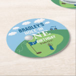 Hole In One Golf 1st Birthday Party Round Paper Coaster<br><div class="desc">Celebrate in style with these fun and very trendy 1st birthday party coasters. The design is easy to personalise with your special event wording and your guests will be thrilled when they see these fabulous coasters. Matching items can be found in the collection.</div>