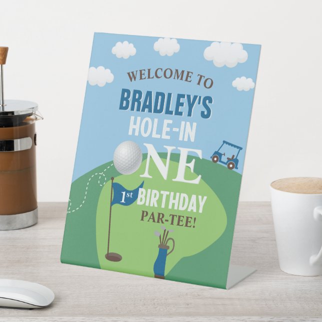 Hole In One Golf 1st Birthday Welcome Pedestal Sign (In SItu)