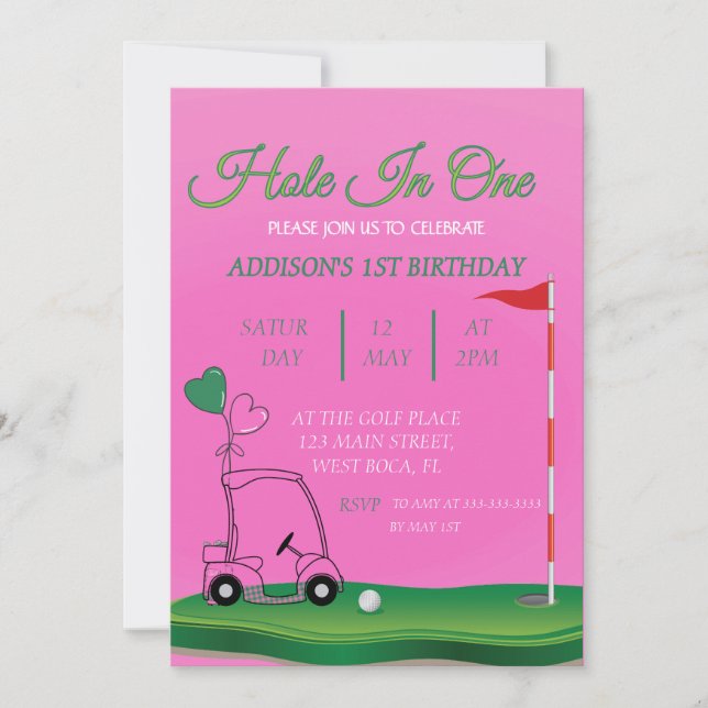 Hole In One Golf 1st girl Birthday Invitation (Front)