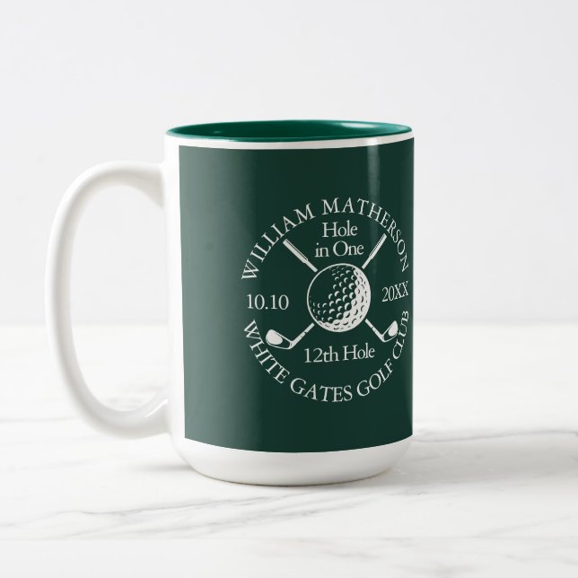 Hole in One Golf Ball And Clubs Custom Emerald Two-Tone Coffee Mug (Left)
