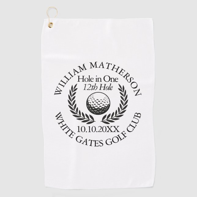 Hole in One Golf Ball And Wreath Personalised Golf Towel (Front)