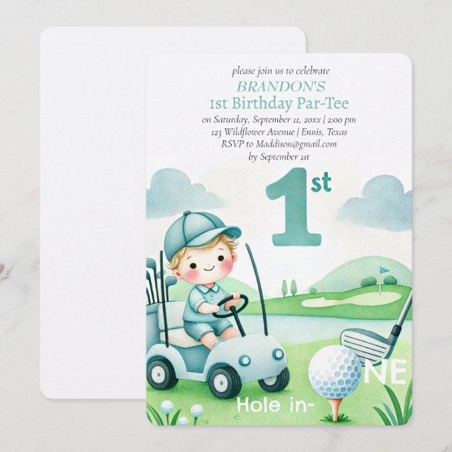Hole in One Golf Boy 1st Birthday Par-Tee Invitation (Front/Back)