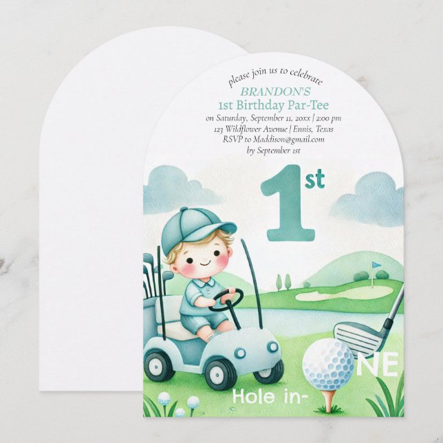 Hole in One Golf Boy 1st Birthday Par-Tee Invitation (Front/Back)