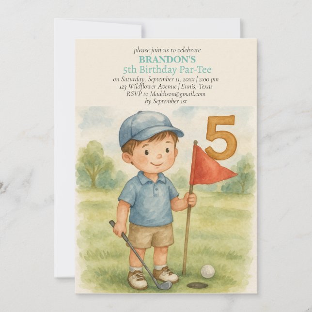 Hole in One Golf Boy 5th Birthday Par-Tee Invitation (Front)
