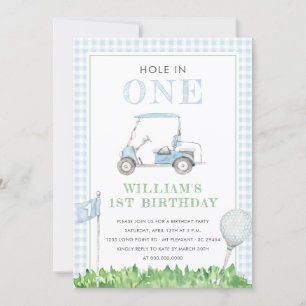 Hole In One Golf Boy Birthday Blue Gingham Invitation