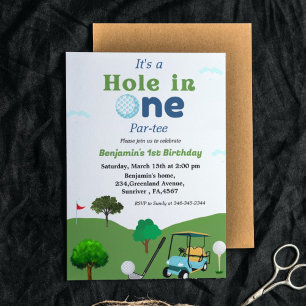 Hole in one golf boy first birrthday party invitation