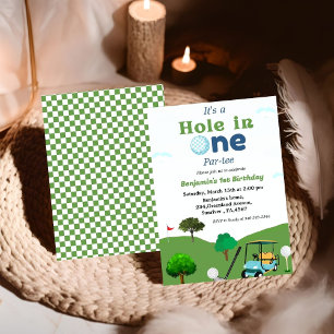 Hole in one golf boy first birrthday party invitation