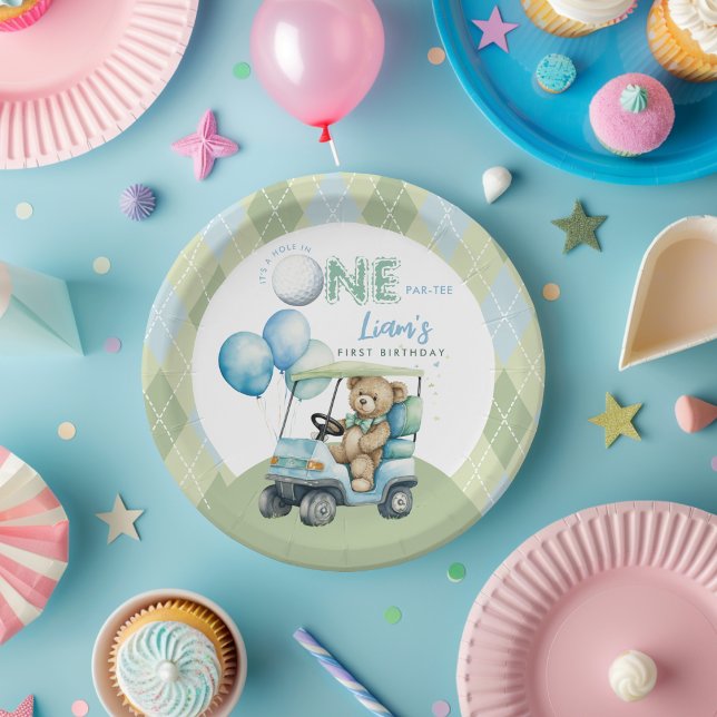Hole In One Golf Boy First Birthday Par-Tee Bear Paper Plate (Creator Uploaded)