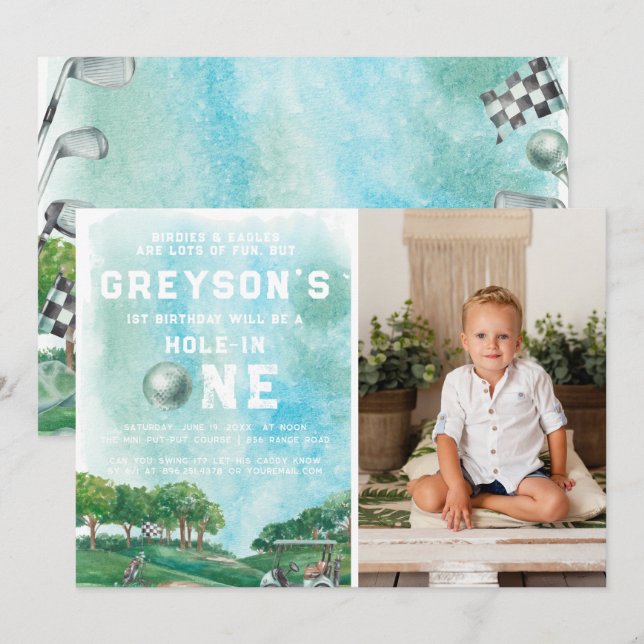 Hole In One Golf Boy First Birthday Par-Tee  Invitation (Front/Back)