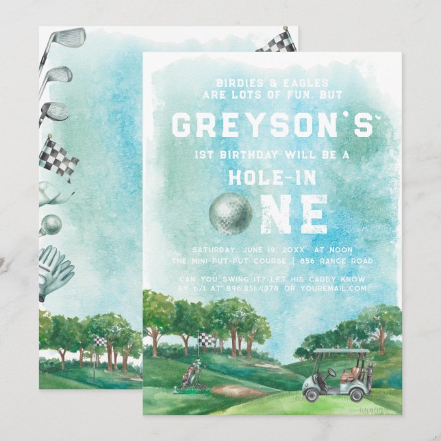 Hole In One Golf Boy First Birthday Par-Tee Invitation (Front/Back)