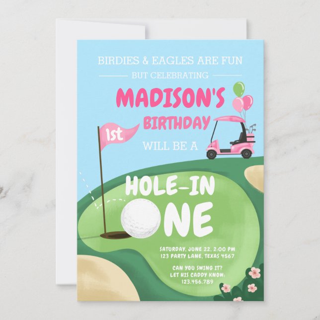 Hole In One Golf Girl Pink First Birthday Par-Tee  Invitation (Front)