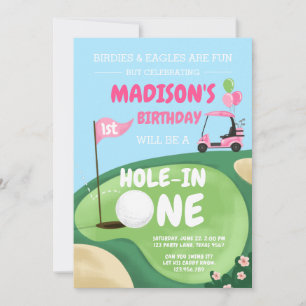 Hole In One Golf Girl Pink First Birthday Par-Tee  Invitation