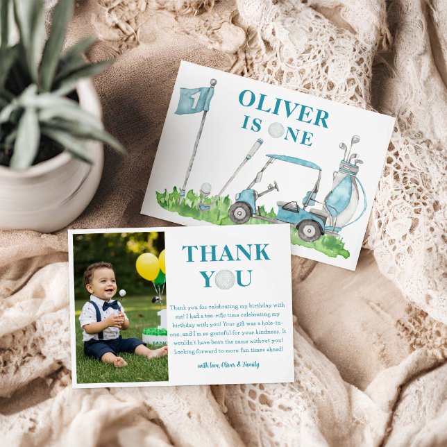 Hole In One Golf Par-tee Boy 1st Birthday Photo Thank You Card (Creator Uploaded)