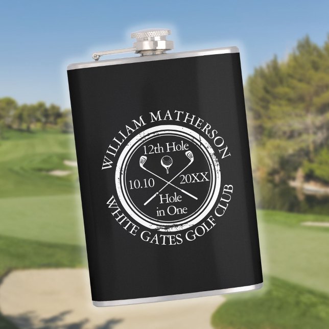Hole in One Golf Personalised Black And White Hip Flask (Hole in One Golf Personalized Black And White Flask)