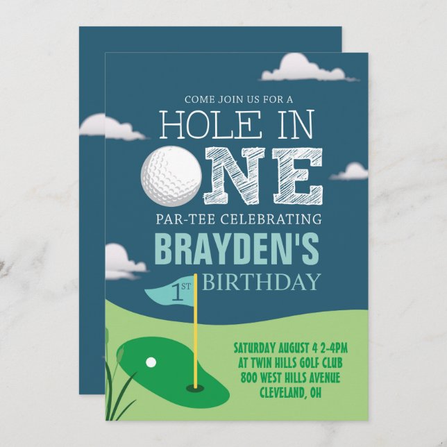 Hole in One Golf Theme Boys First Birthday Invitation (Front/Back)