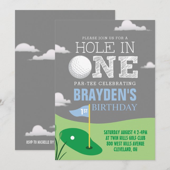 Hole in One Grey Golf Theme Boys First Birthday Invitation (Front/Back)
