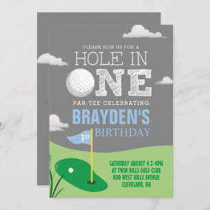 Hole in One Grey Golf Theme Boys First Birthday Invitation