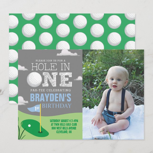 Hole in One Grey Golf Theme Boys First Birthday Invitation (Front/Back)