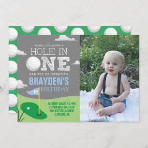 Hole in One Grey Golf Theme Boys First Birthday Invitation