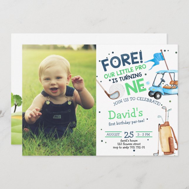 Hole in One Par Tee Boy 1st Birthday Golf Invitation (Front/Back)