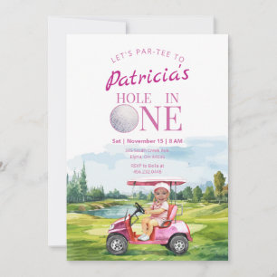 Hole In One Pink 1st Birthday Photo Invitation