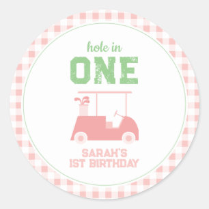 Hole in One Pink Check Girl First Birthday Classic Round Sticker