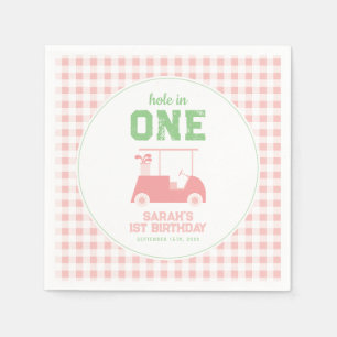 Hole in One Pink Check Girl First Birthday Napkin