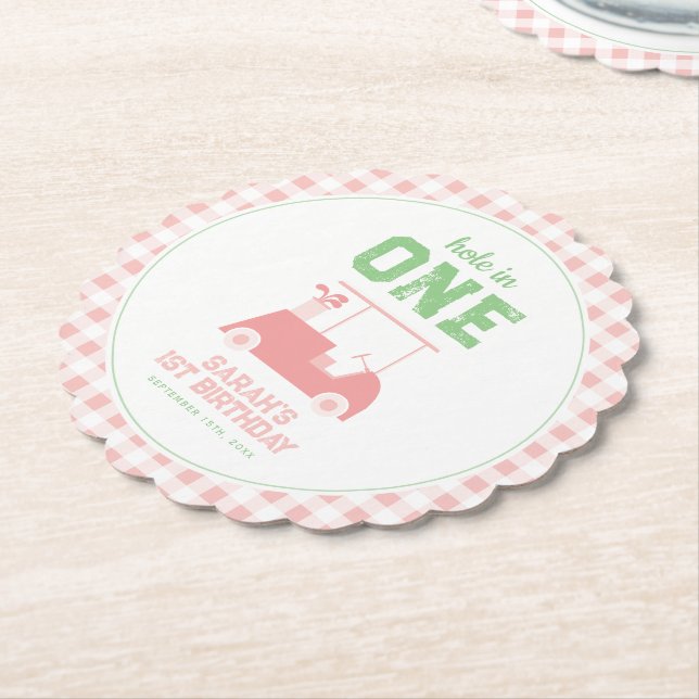 Hole in One Pink Check Girl First Birthday Paper Coaster (Angled)