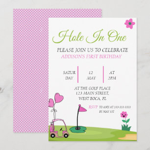 Hole In one  Pink Girl Golf 1st Birthday  Invitation