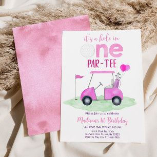 Hole In One Pink Girl Golf First Birthday Invitation