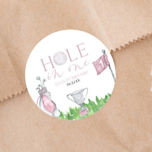 Hole In One Pink Golf 1st Birthday Party Classic Round Sticker